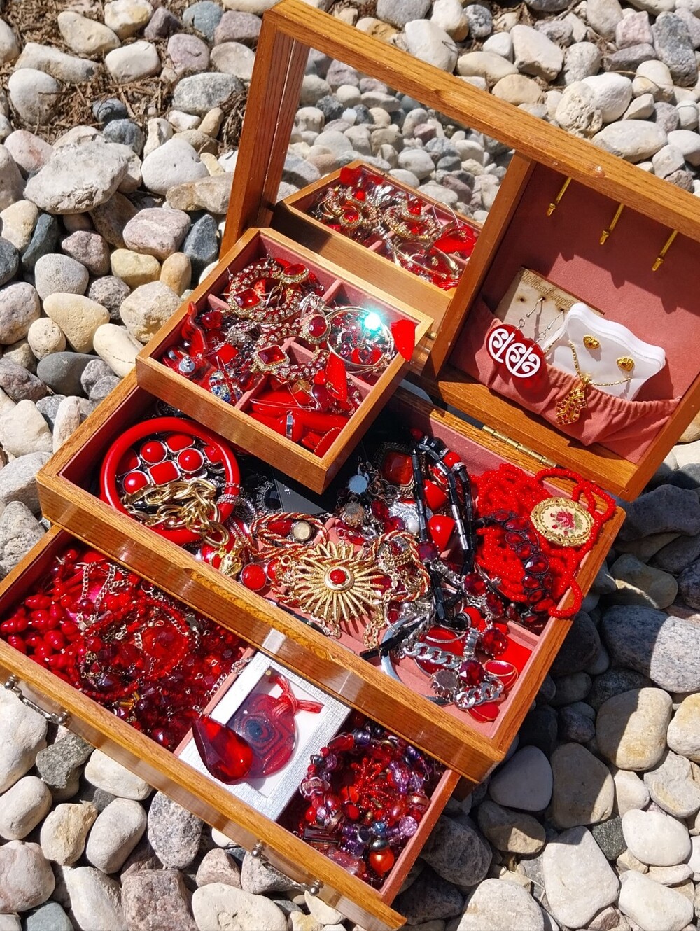 Vintage Jewelry Box Filled with Red Costume Jewelry